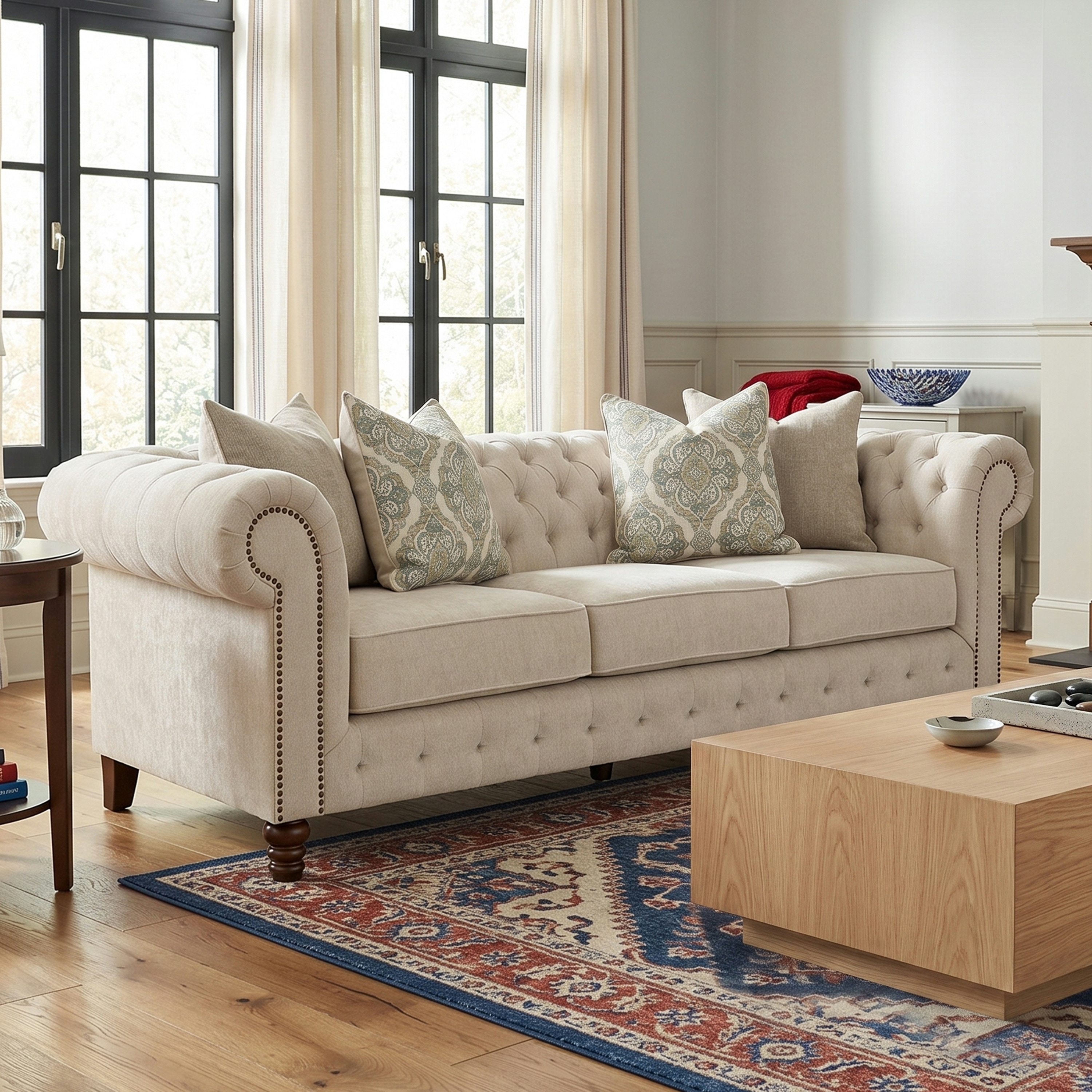 Furniture of America Ravti Traditional Beige Solid Wood Chesterfield Rolled Arm Sofa