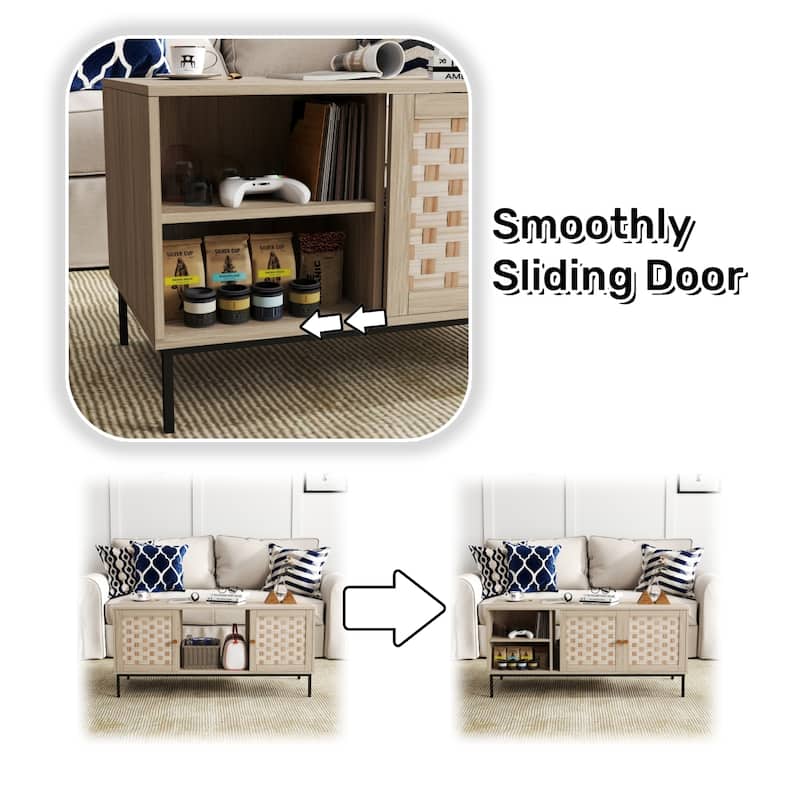 Bohemian-Style Coffee Table with Woven Design, Featuring 4 Sliding Doors and Storage Cabinets, for Living Room