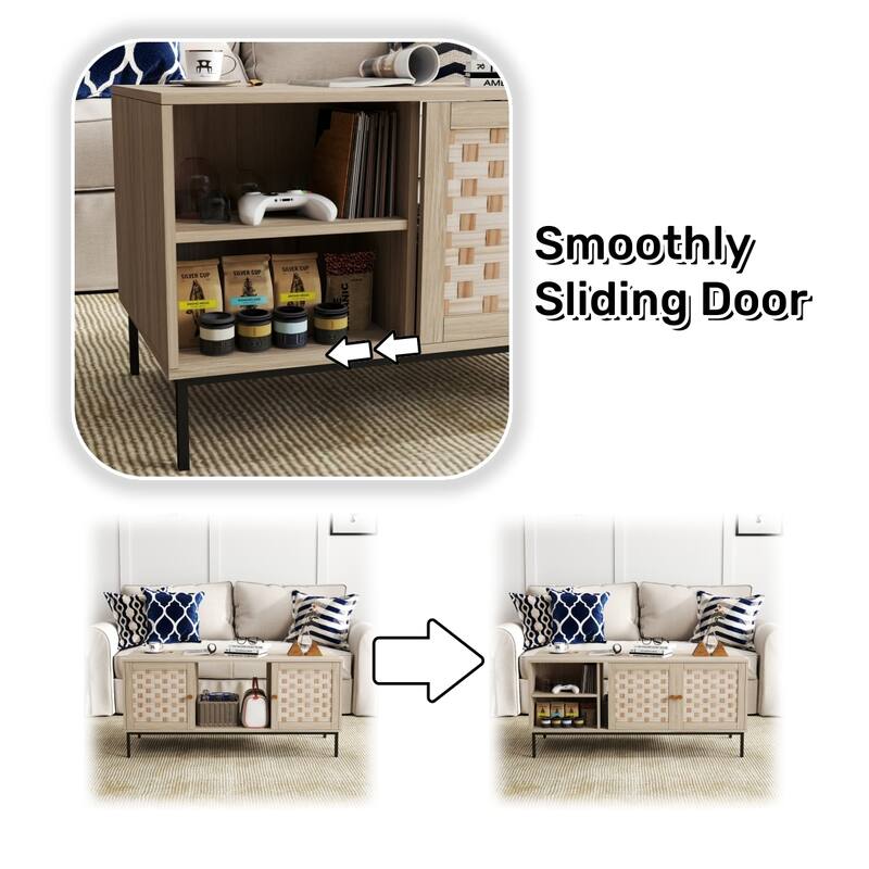 Modern Woven Coffee Table Wooden Center Rectangular Table with 4 Sliding Door Storage Cabinets, for Living Room