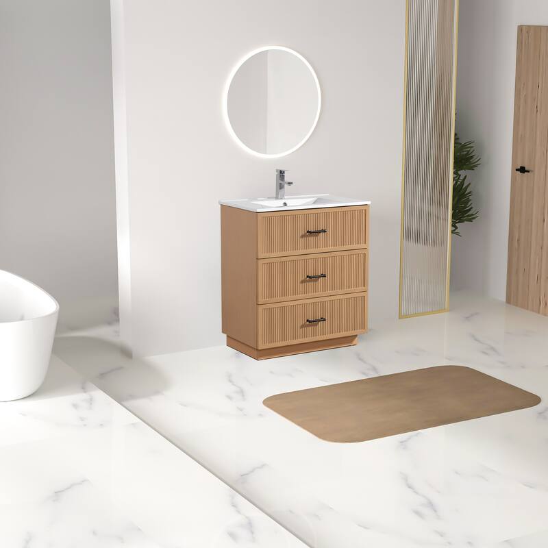 30" Freestanding Bathroom Vanity with Ceramic Sink and 2 Storage Drawers, Stylish Gray Floor Cabinet