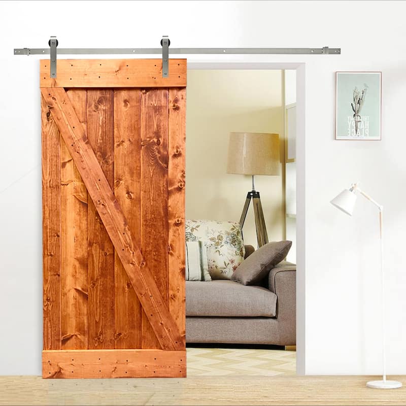CALHOME Z Bar Series Solid Pine Wood Sliding Barn Door w/ Hardware Kit - Red Walnut - 30 x 84