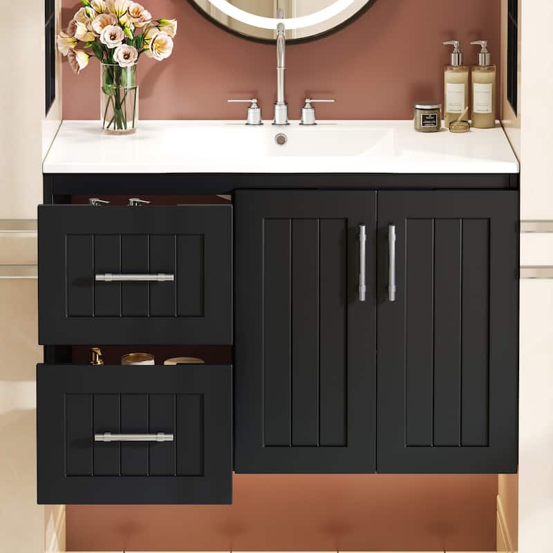36" Wall Mounted Bathroom Vanity with 2 Drawers, Floating Vanity with Ceramic Sink & Adjustable Shelf, Modern Bathroom Storage - Black