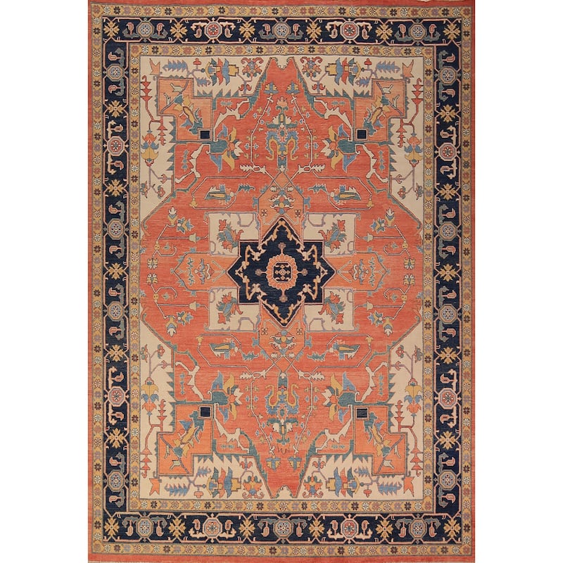Vegetable Dye Orange Heriz Oriental Area Rug Handmade Wool Carpet - 8'11" x 11'4"