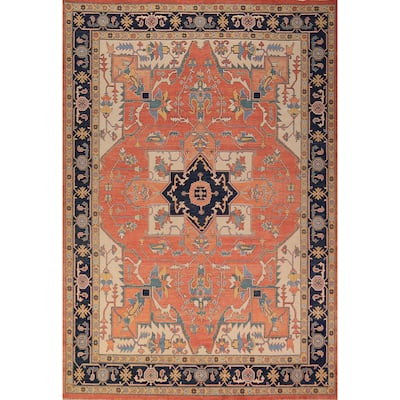 Vegetable Dye Orange Heriz Oriental Area Rug Handmade Wool Carpet - 8'11" x 11'4"