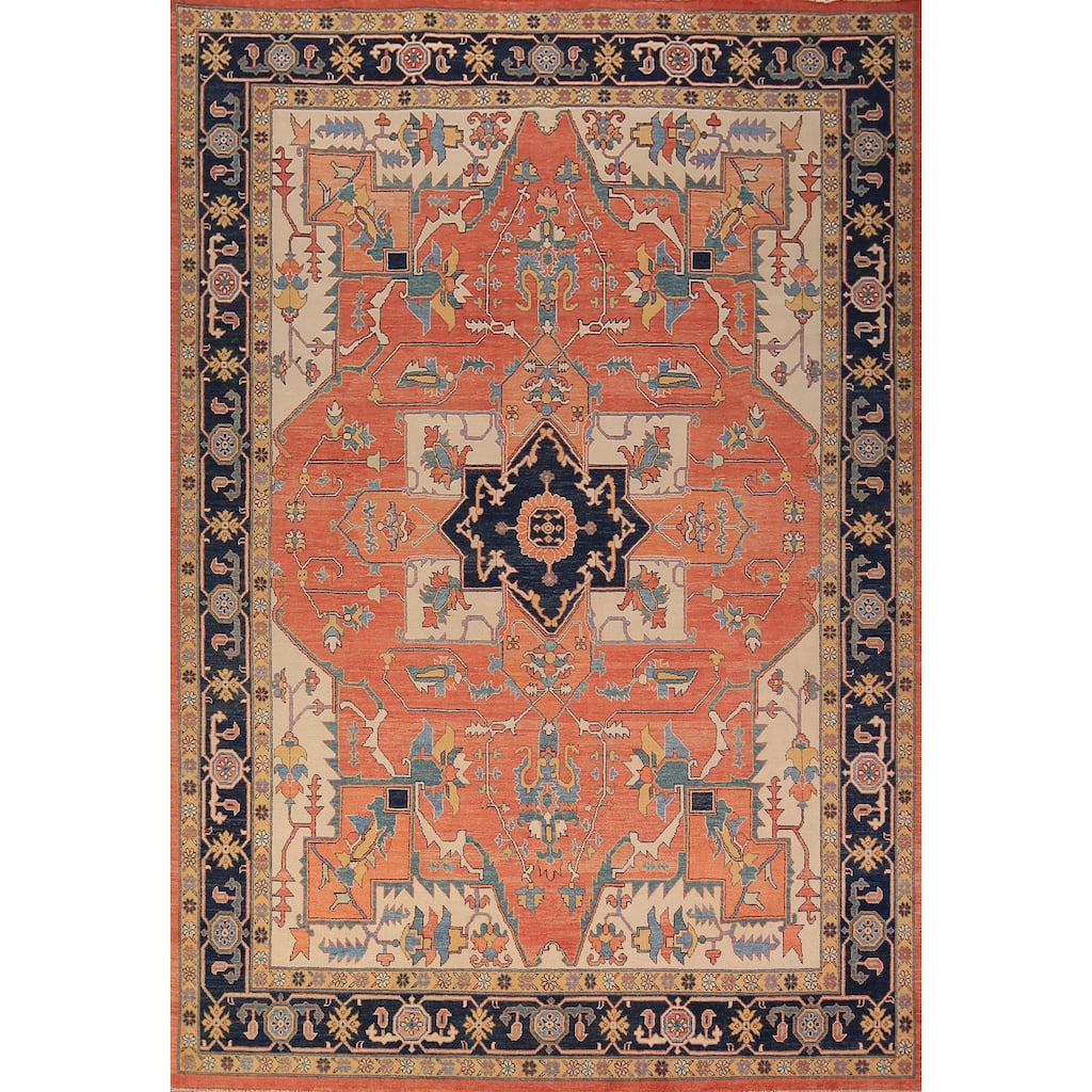 Vegetable Dye Orange Heriz Oriental Area Rug Handmade Wool Carpet - 8'11" x 11'4"