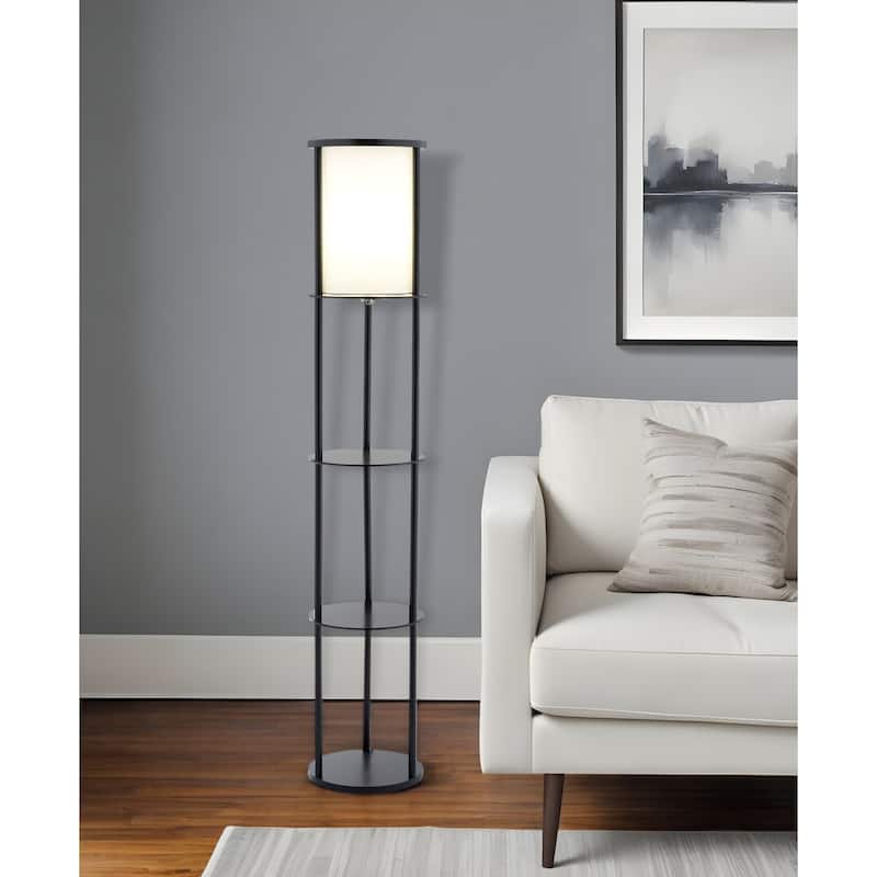 HomeRoots 63" Black Wood Column Floor Lamp With White Fabric Cylinder Shade - 62.5 x 11.5 x 11.5