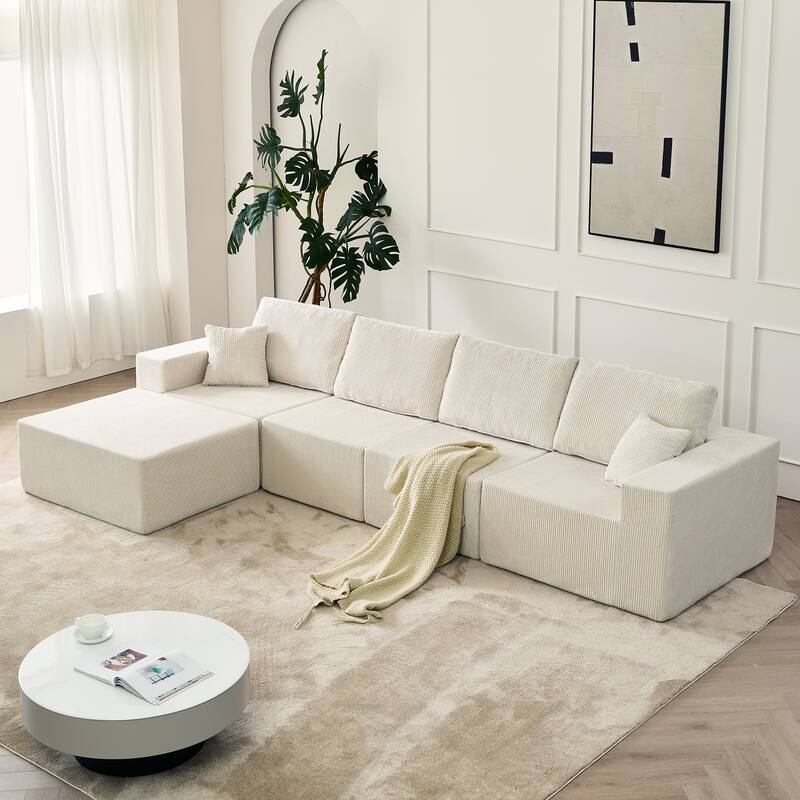 139.3" Modular Sectional Sofa, Boneless Couch, No Assembly, Cloud Couch with Ottoman & 2 Pillows, Beige - Multi-Color