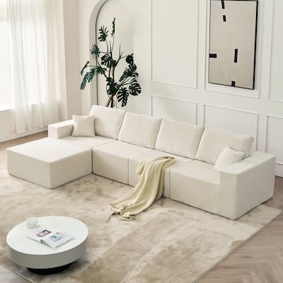 139.3" Modular Sectional Sofa, Boneless Couch, No Assembly, Cloud Couch with Ottoman & 2 Pillows, Beige