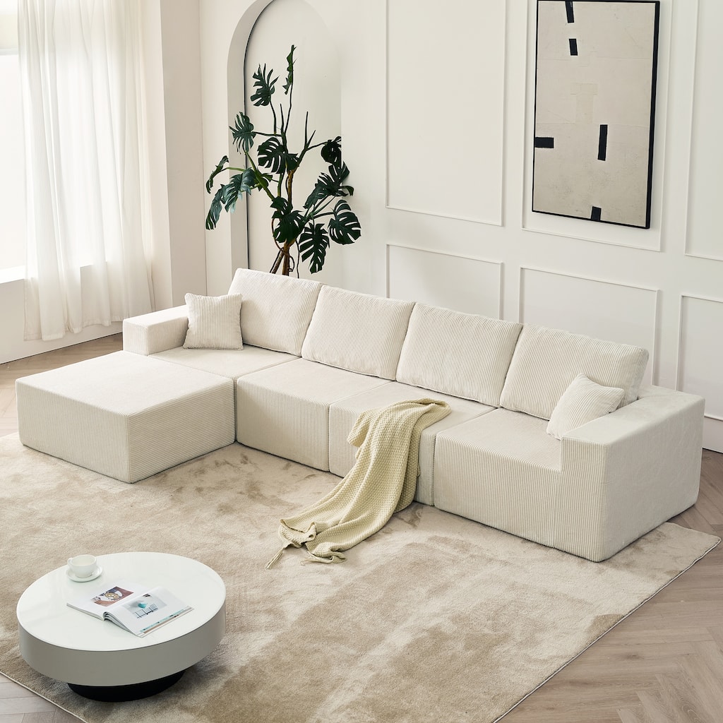 139.3" Modular Sectional Sofa, Boneless Couch, No Assembly, Cloud Couch with Ottoman & 2 Pillows, Beige