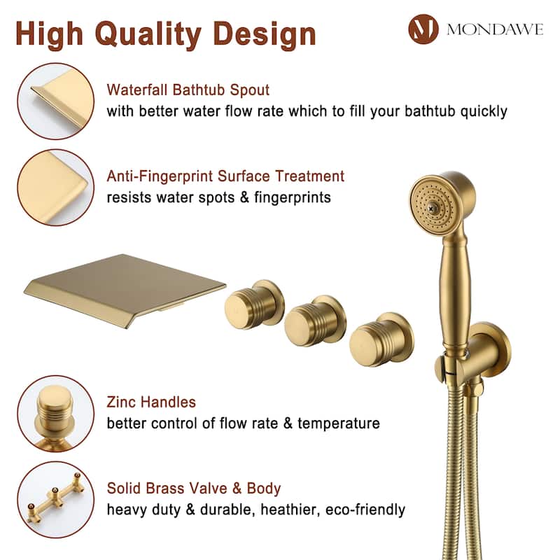 3-Handle Waterfall Wide-Spray High Pressure Tub and Shower Faucet