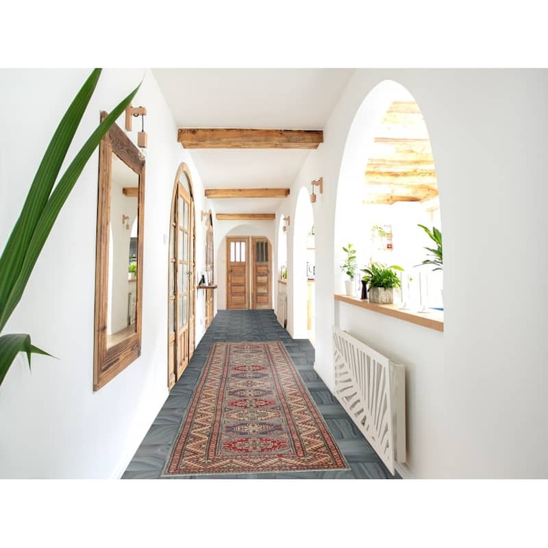 Geometric Kazak Oriental Runner Rug Hand-Knotted Wool Carpet - 2'8" x 12'2"