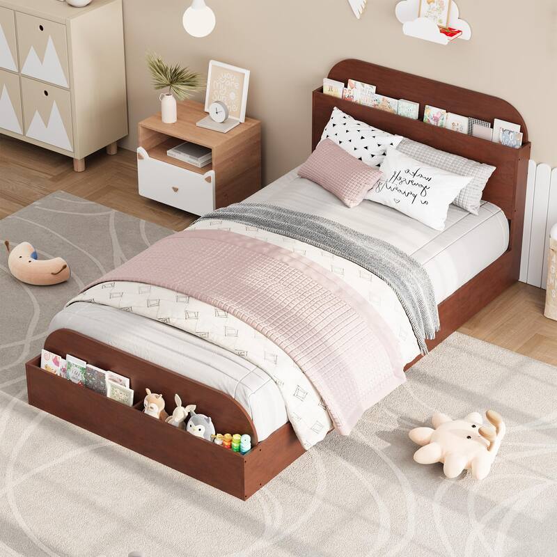 Twin Size Bed Frame, Wooden Beds with Storage Headboard and Raised-Foodboard, Floor Low Platform Bed