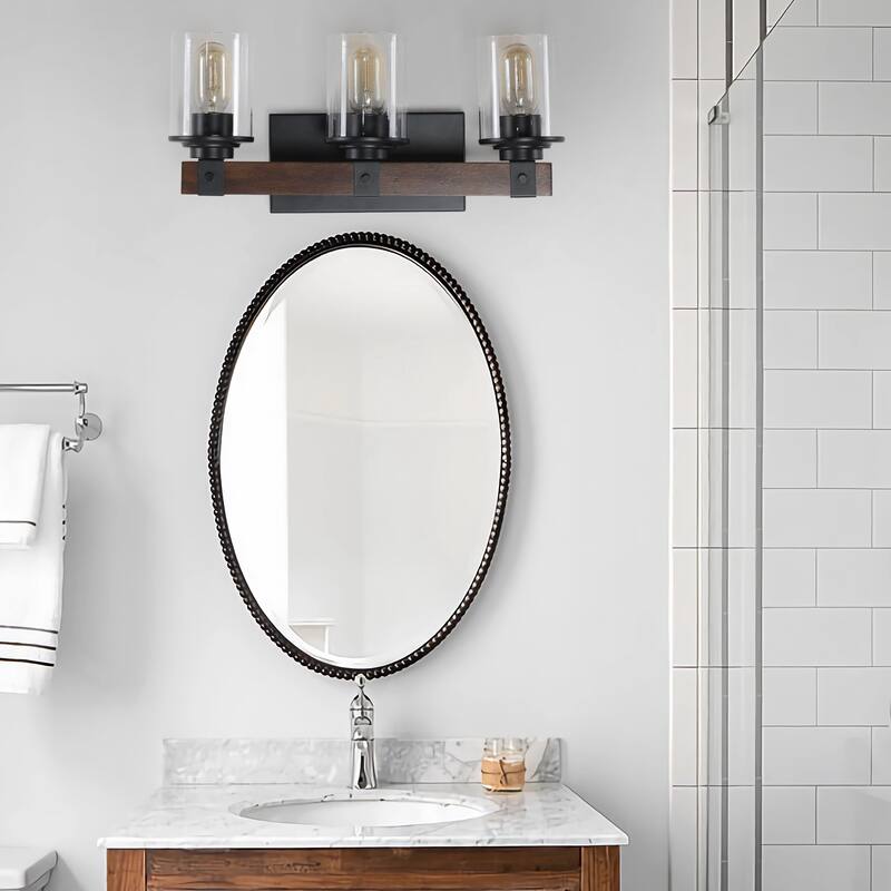 19" Rustic 3-Light Vanity Light, Industrial Bathroom Wall Sconce with Glass Shades and Wood Accent (No Bulbs) - Walnut
