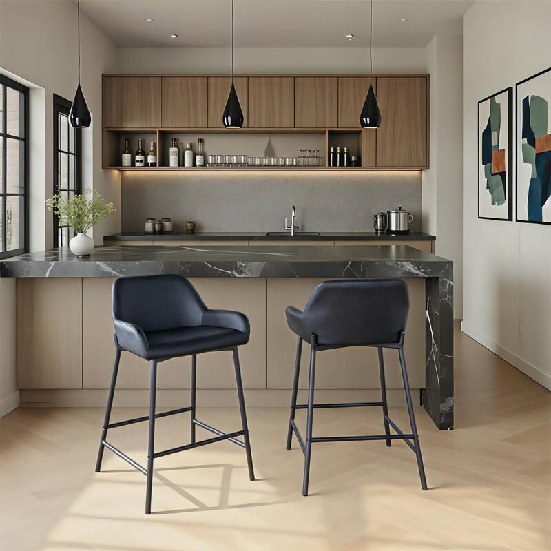 Carbon Loft Galotti Black Fixed-Height Upholstered Bar Stool - Set of 2 - Black Faux Leather