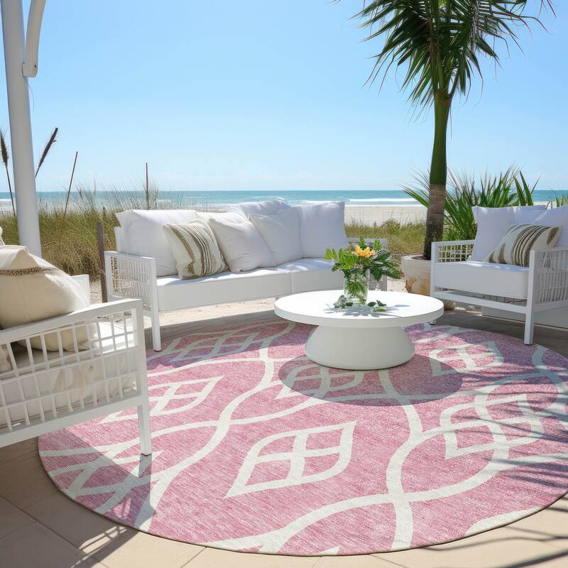 Machine Washable Indoor/ Outdoor Chantille Trellis Modern Rug - Pink - 8' x 8'