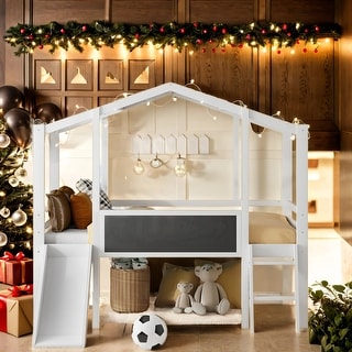 Double Loft Bed With Ladder And Slide, House Bed With Blackboard And Roof Light Strip