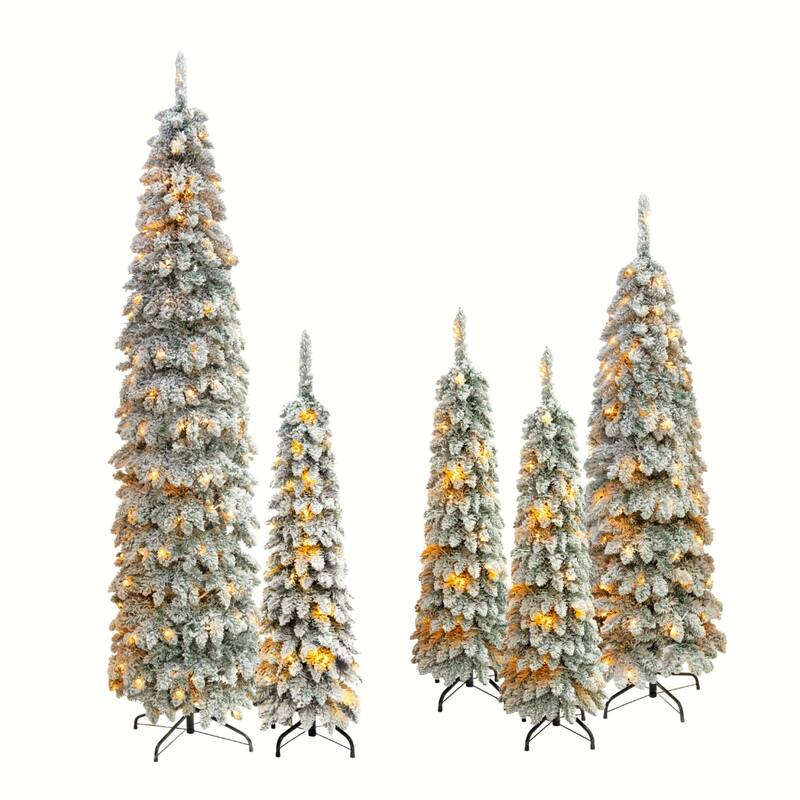 8FT,6FT,4FT x 3 Pre-Lit Pencil Christmas Trees, 5-set Slim Artificial Christmas Tree With Snow Flocking, with 11 Lighting Modes