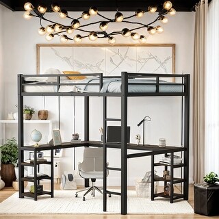 Loft Bed Frame for Bedroom, Black with Vintage Wood-Colored Desk
