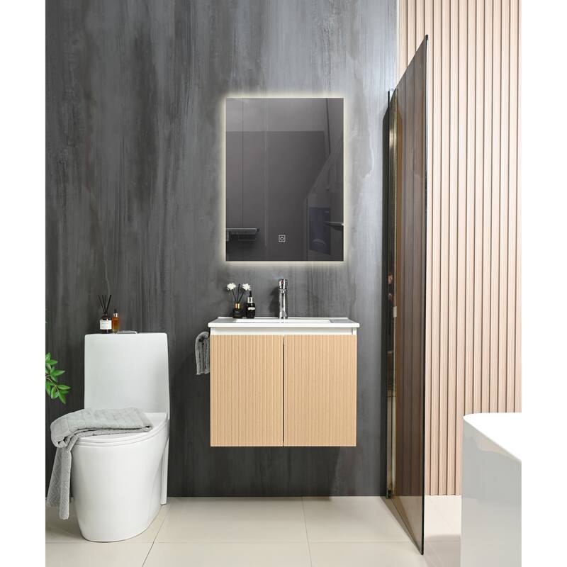 GDFStudio - Adrian Floating Bathroom Vanity with Ceramic Sink and Integrated Towel Rack Storage Cabinet - Yellow+White
