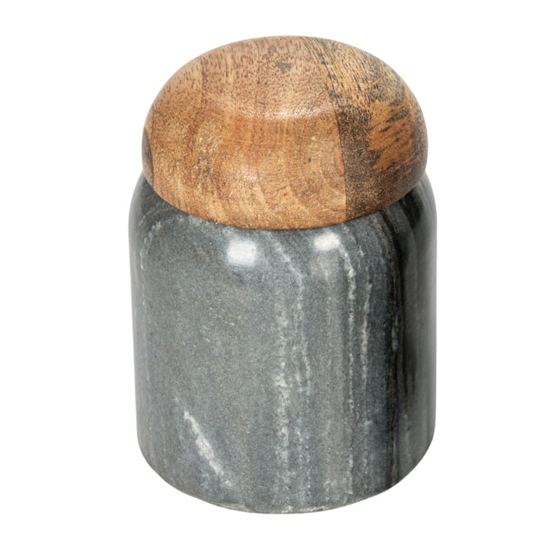 Marble and Mango Wood Pinch Pot with Lid - GN2 - 3" Round x 4"H - Grey & Natural II