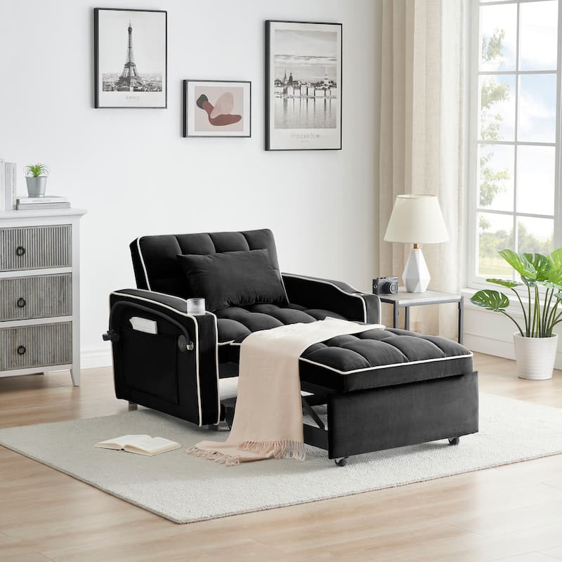 Modern 70.86" 3 in 1 Single Convertible Sofa Bed with Adjustable Back and USB Charging Port for Living Room - Black