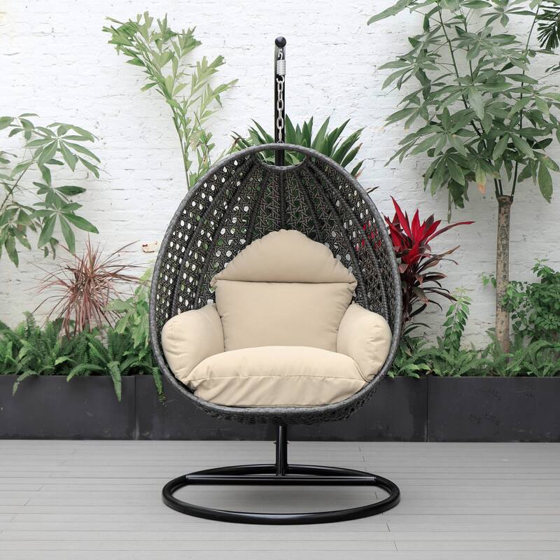 LeisureMod Charcoal Single Seater Rattan Wicker Egg Swing Hanging Chair for Indoor Outdoor Patio Porch Backyard Garden