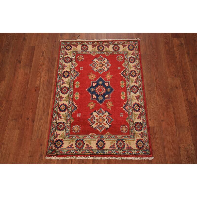 Geometric Red Kazak Foyer Rug Hand-Knotted Traditional Wool Carpet - 2'0" x 3'0"