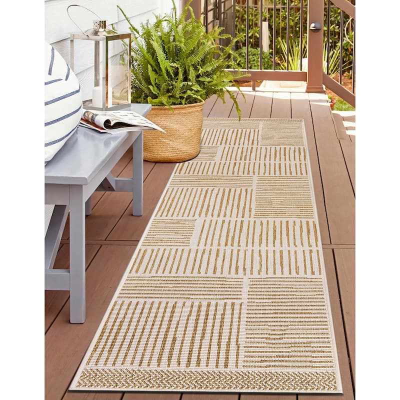 World Rug Gallery Contemporary Stripe Weather Resistant Reversible Indoor/Outdoor Area Rug - 2' x 7' - Natural