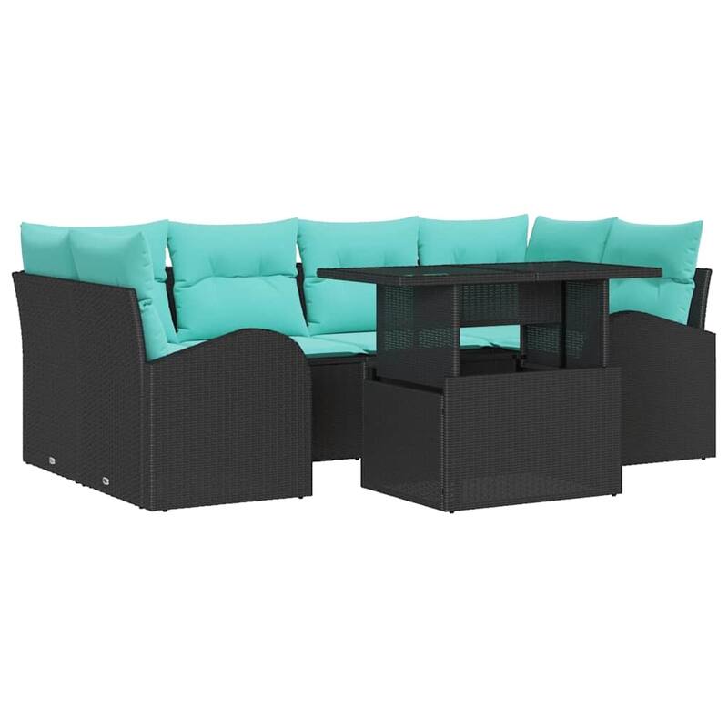 vidaXL 7 Garden Sofa Set with Cushions Black/Brown/Grey Poly Rattan - 92.1 x 48.8 x 27.2