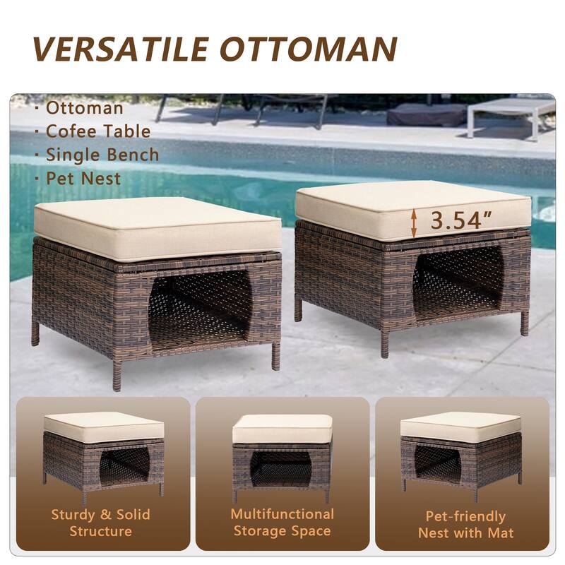 Brown Wicker Outdoor Patio Conversation Seating Sets with Beige Cushions