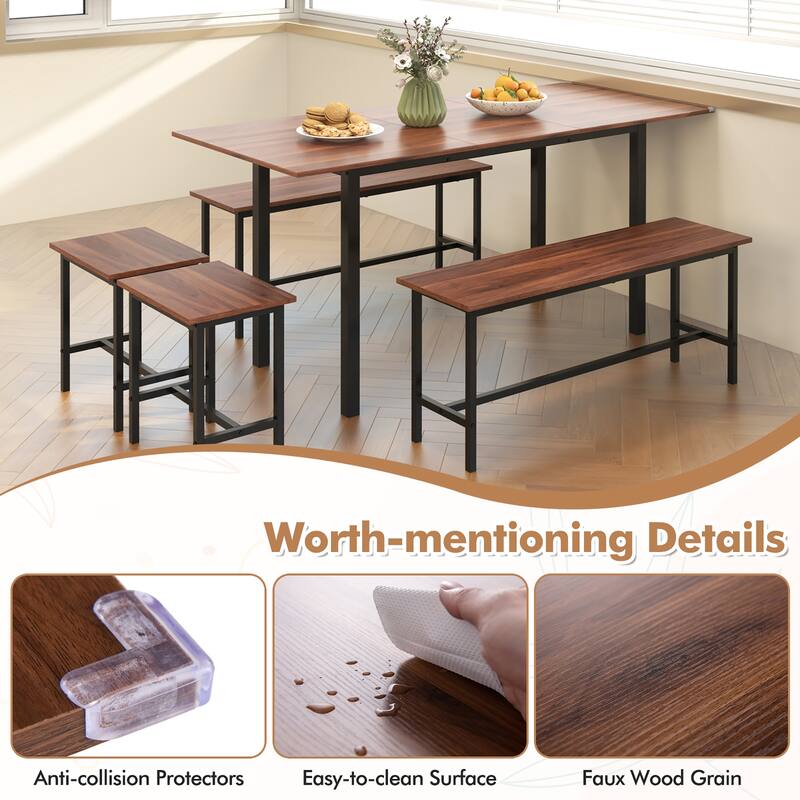 Gymax 5 PCS Dining Table Set for 4-6 w/ 2 Benches & 2 Stools Metal