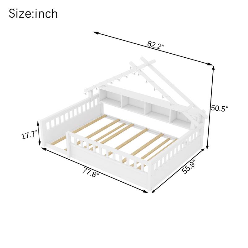 House-shaped Daybed Kids Wood House Bed Montessori Toddler Floor Bed with Roof Shape Storage Bookshelves and Light