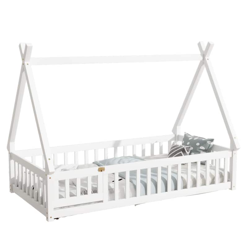 Roomfitters Twin/Full Tent-Shaped Floor Bed with Teepee Frame, Rubber Wood Platform with Guardrails, Slats and Door