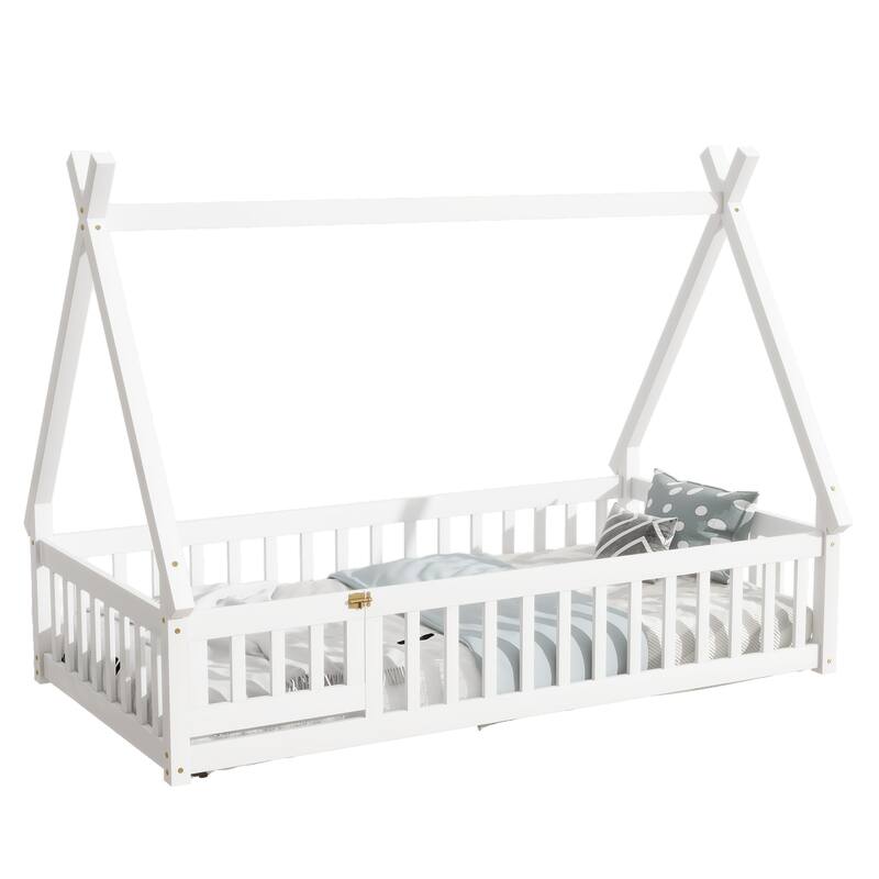 Twin Tent-shaped Floor Bed, Teepee Bed with Guardrails, Slats and Door