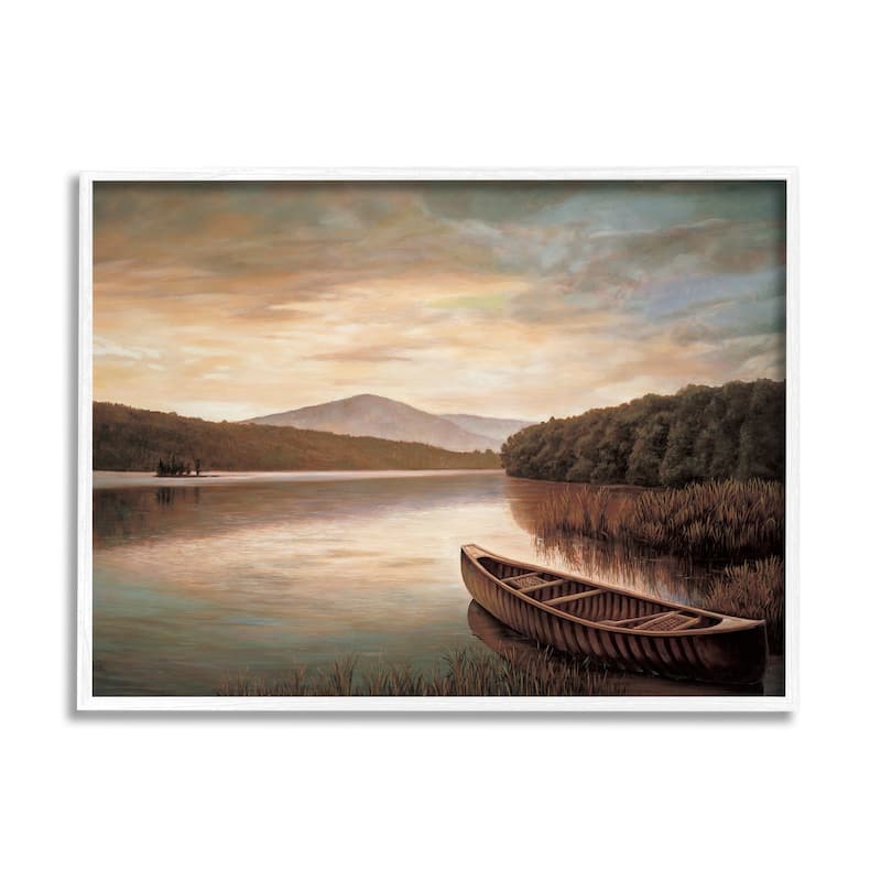 Stupell Lakeside Canoe Cloudy Sky Mountain Forest Landscape Framed Wall Art - Brown