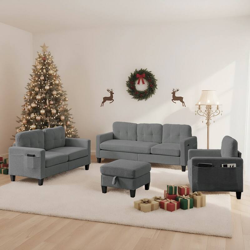 Mixoy 76'' L-Shaped Sofa Set,Corduroy Sectional Sofa,Mid Century 3-Seater Sofa with Storage Ottoman/Loveseat/Single Sofa - 3+2+1 - Grey