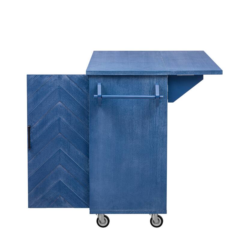 Wave Stripes Ash Veneer Kitchen Island with Drop Leaf, Kitchen Island on Wheels with Internal Storage Rack, Rolling Kitchen Cart