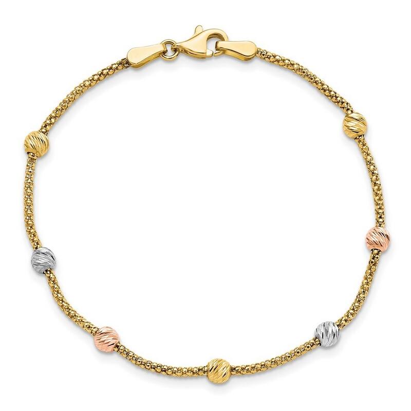 Curata 14k Tri color Gold Sparkle Cut 7 station Bead and Chain Bracelet 7.25 Inch