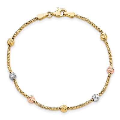 Curata 14k Tri color Gold Sparkle Cut 7 station Bead and Chain Bracelet 7.25 Inch