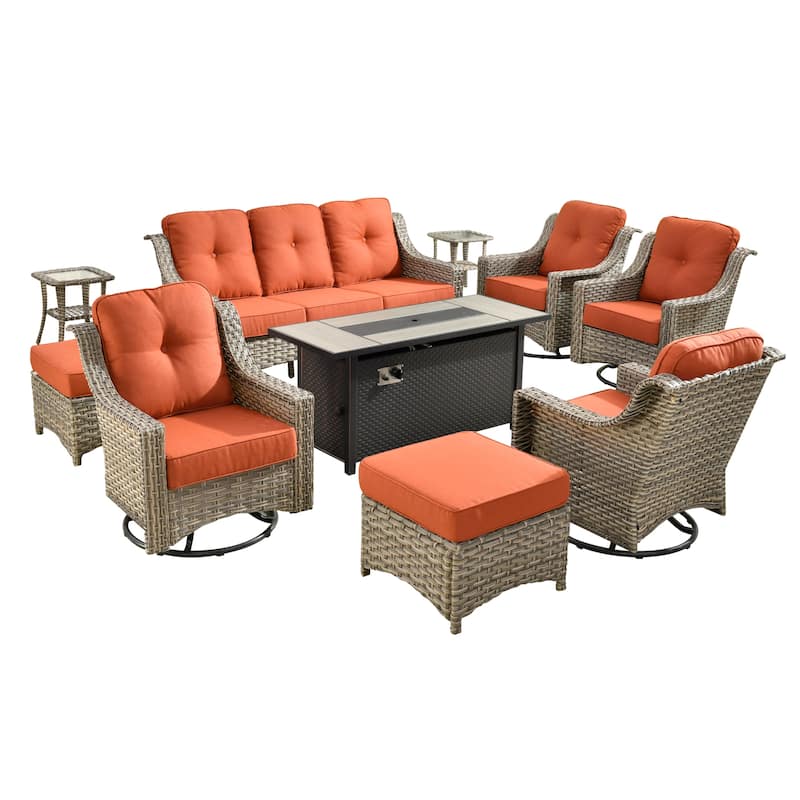 HOOOWOOO 10-piece Wicker Outdoor Patio High Back Swivel Chair Set with Fire Pit