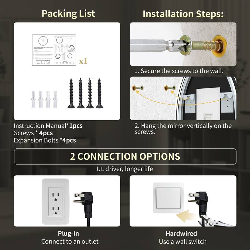 UL Certified Oval LED Bathroom wall Mirror, Anti-fog, 3-Color Dimmable