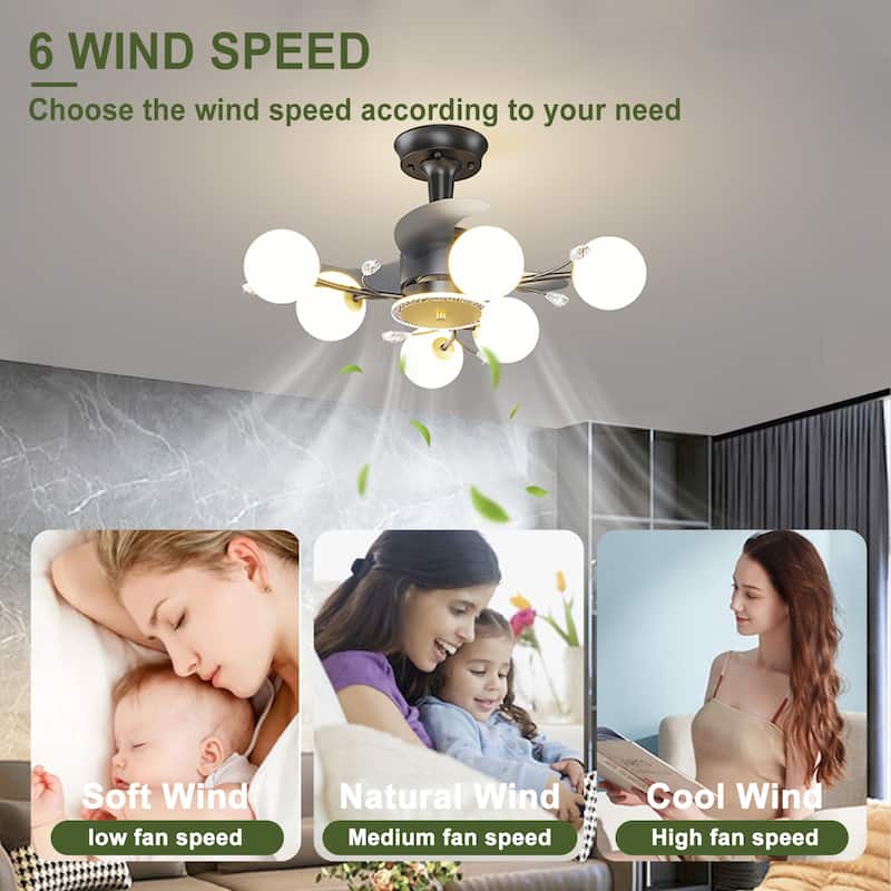Ceiling Fan with Milky Glass Globe Shade, Modern Low Profile Reversible Fandelier for Bedroom - 6-light