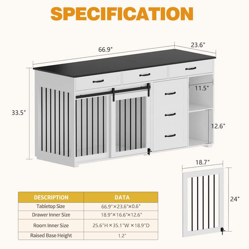 66.9"W Dog Crate Furniture Heavy Duty Dog Kennel with 6 Drawers End Table