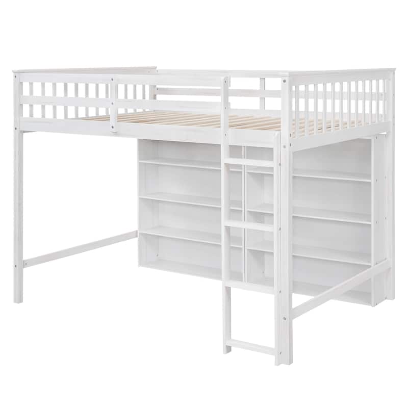 Full Size Loft Bed with Built-in Ladder and Storage Shelves, Space-Saving Design