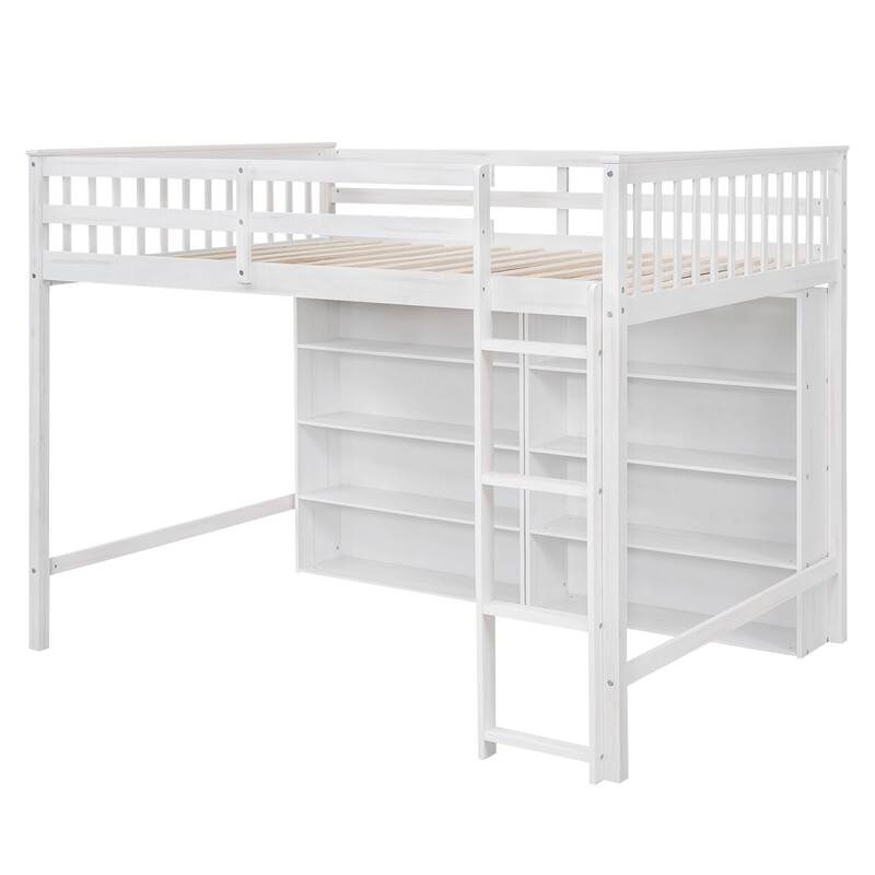 Loft Bed with All-in-One 8 Open Storage Shelf and 4 Step Ladder, Wood Loft Bed Slat Support for Kids Teens