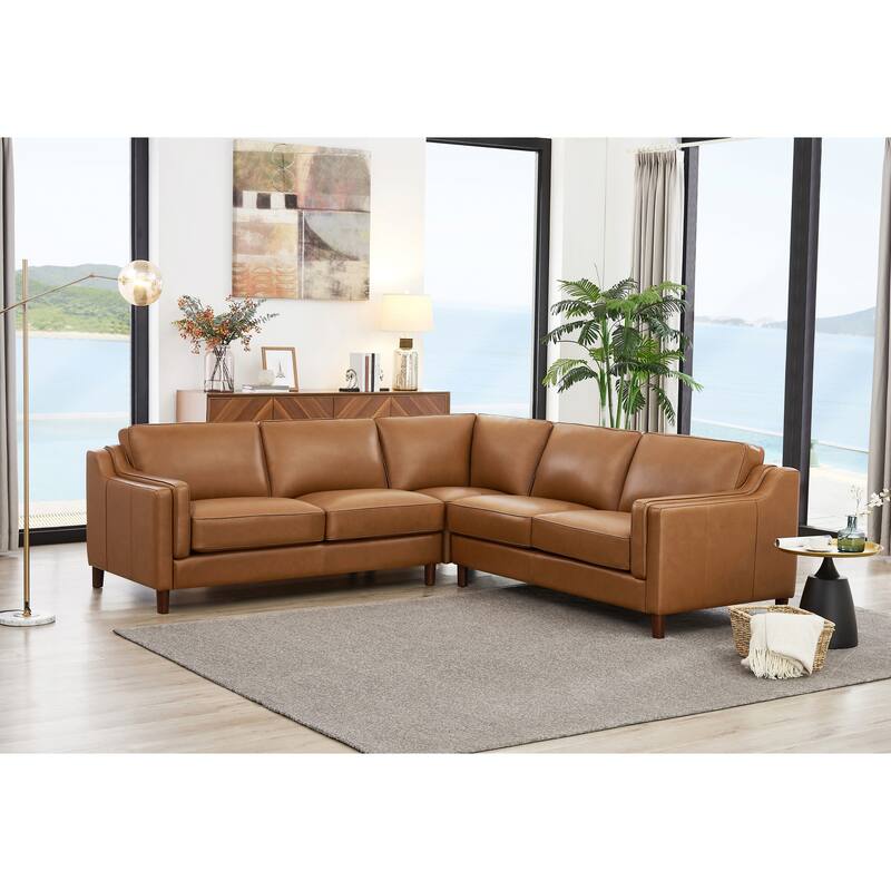 Hydeline Bella Top Grain Leather Symmetrical Sectional With Feather, Memory Foam and Springs - Cognac