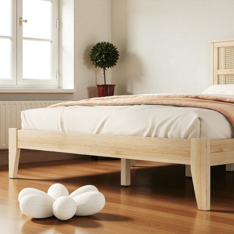 Queen Size Solid Rubber Wood Bed with Rattan Headboard, Durable Frame with Central Support Feet and Under-Bed Storage
