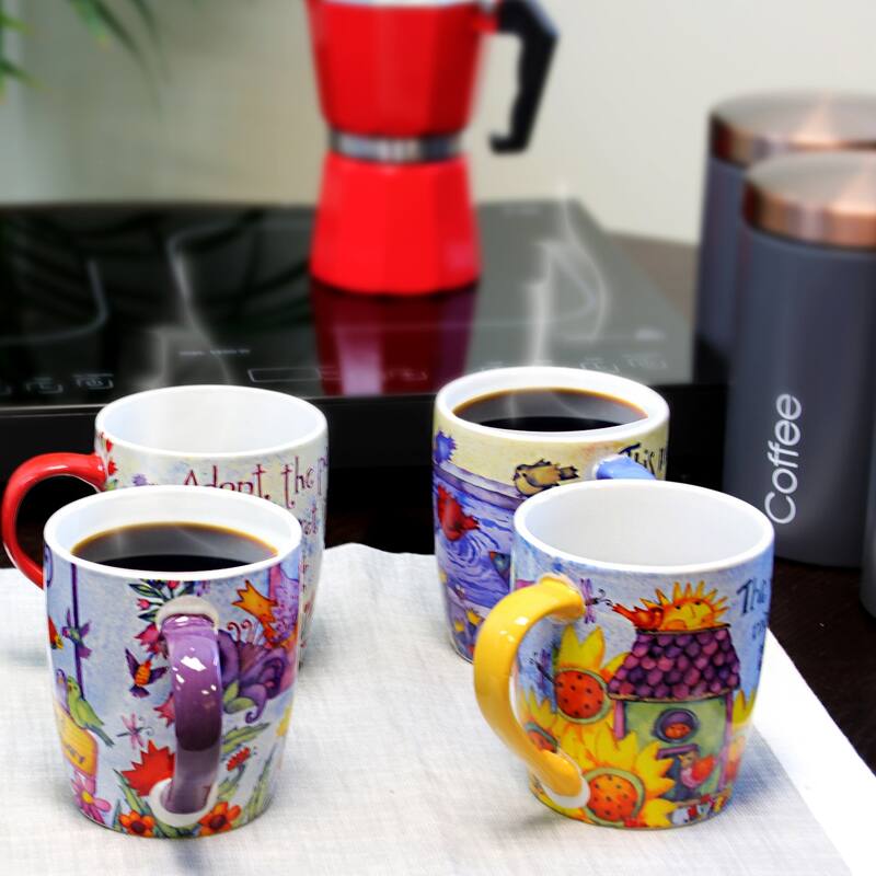 Gibson Birdhouse Floral 18 oz Cup, 4 Assorted Designs