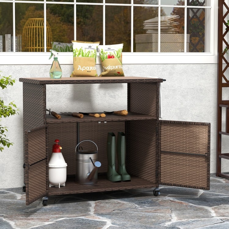Mix Brown PE Rattan and Acacia Wood Outdoor Storage Cabinet with Wheels - 37.5" × 21" × 33.5"