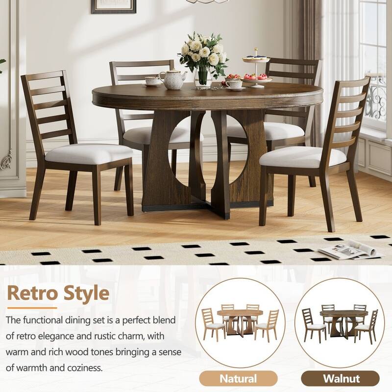 5-Piece Solid Wood Retro Rustic Functional Dining Set with 16" Removable Middle Leaf